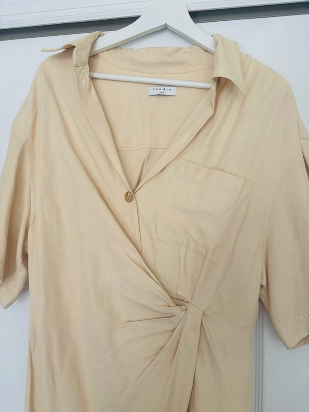 Sandro Cream Twist-Detail Short Sleeve Tunic Top
